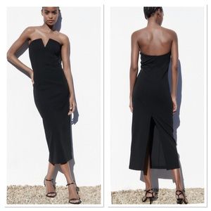 Zara V-Notched Midi Dress In Black Sz:S NWT